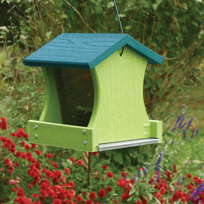 Green, recycled plastic hopper feeder for seed