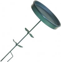 Green metal bird bath stand with 17" plastic dish insert.  Stand has decorative leaves.