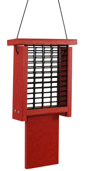 Red Recycled Plastic Suet Feeder with Tail Prop.  Holds one suet cake.