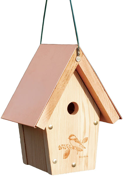 Chickadee Wren House with Copper Roof.  Etched design of Chickadee on front